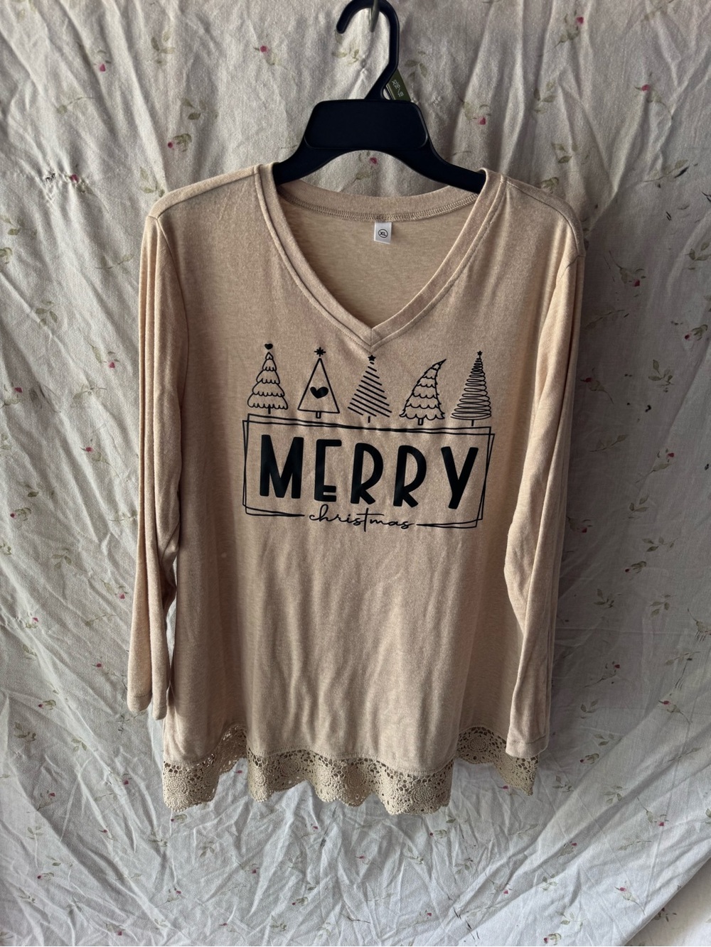 Amazon Beige "MERRY" V-Neck Holiday Top with Lace Hem